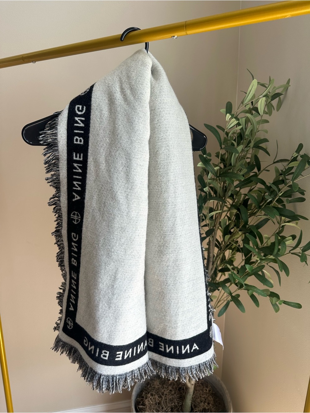 Anine Bing Ivory & Black Fringed Wool Logo Scarf